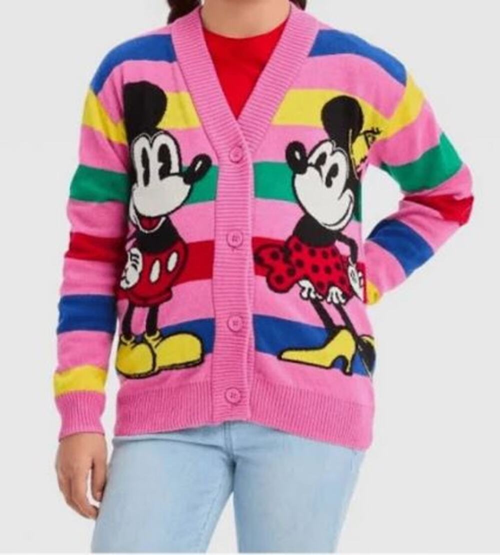 Disney 100 Years Mickey Minnie Pink Girls' Retro Striped Cardigan Large